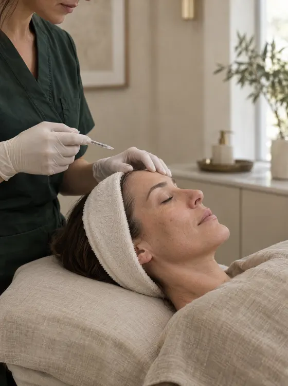 Cliente deitada de perfil, de olhos fechados, e profissional de luvas com uma seringa próxima à testa, sem tocar a pele.